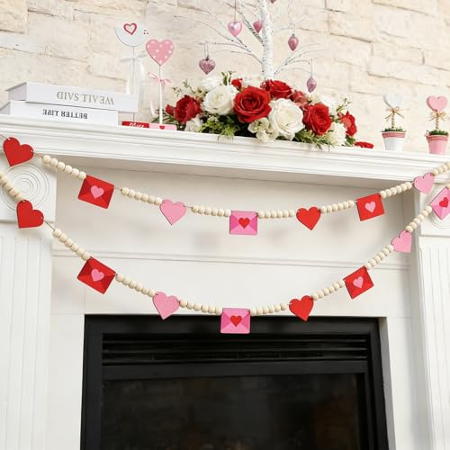 Fangoo 3m Valentines Day DIY Wooden Beads Garland for Decorations Valentine’s Day Red and Pink Heart Envelope Shaped Banner for Mantel Wedding Birthday Party Fireplace Wall Home Decor