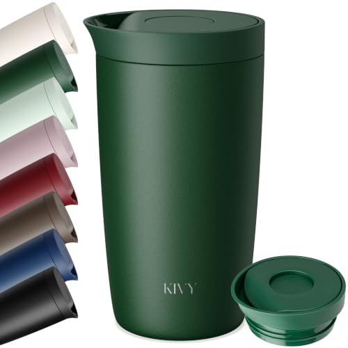 KIVY Termo de Café 350ml [CIERRE QUICK PRESS] - Vaso Termico - Taza Termica Llevar - Para Bebidas Frías & Calientes - Travel Mug - Sin BPA & A Prueba de Fugas - Doble Pared & Acero Inoxidable - Vert