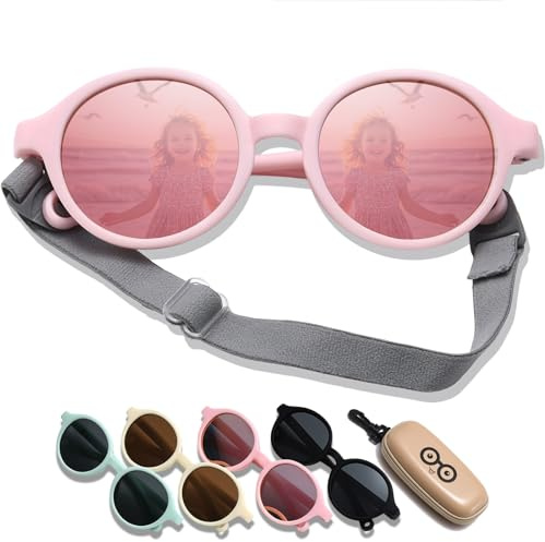 D Lolylad Baby Sunglasses, 0-36 Months, Polarised Children's Sunglasses, Baby UV400 Protection with Strap, Adjustable for Girls, Boys, Toddlers (Pink Frame/Colour Film)