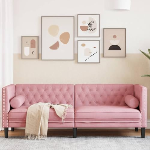 Frdhee Sofa Klein Küchensofa,Chesterfield-Sofa mit Nackenrollen 3-Sitzer Rosa Samt,Schlafsessel für Wohnzimmer,Büro,Zimmer,Lounge,Schlafzimmer
