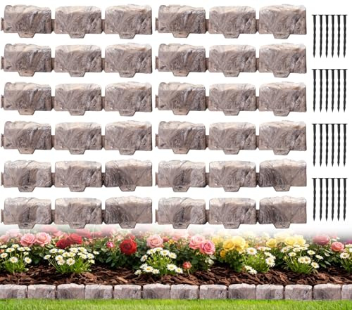 Landscape Edging Faux Stone Garden Edging Border,17FT x 2.75 in Tall Decorative Stone-Look Garden Border for Flower Bed Edging,Lawn,Landscaped Yard,Trees and Gardens,with Anchoring Spikes,Brown