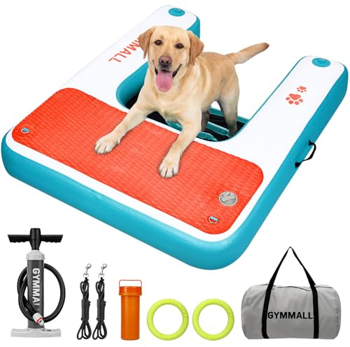 GYMMALL Piattaforma Gonfiabile per Cani 120x100cm, Rampa per Acqua per Barche, Piscine, Laghi e Mare, Piattaforma Galleggiante Antiscivolo per Cani fino a 91kg, Rampa in EVA con Scala per Cani