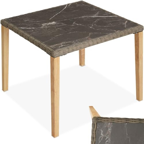 tectake® Tavolo in Rattan Taranto, Effetto Marmo, Telaio in Alluminio e Gambe in Legno Massiccio, Quadrato, per Giardino e Esterno, 93,5x93,5x75 cm, Cappucci in Plastica Antigraffio - Naturale