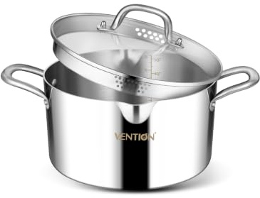 VENTION Tri-Ply Stainless Steel Stock Pot with Glass Strainer Lid, 5.3 Liter Multipurpose Pasta Pot, Induction Stockpot with Two Side Spouts