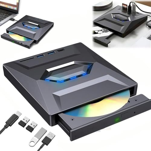 7-in-1 External USB DVD Drive & Blu-ray Player,USB C 3.0 Type-C Portable BD DVD CD Burner Writer Reader with 3 USB Ports Hub & SD TF Card Reader,6X Blu-ray Optical Drive for Laptop Desktop (Black)