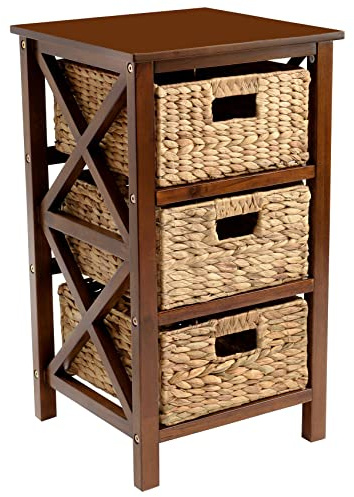 eHemco 3 Tier X-Side End Storage Cabinet with 3 Wicker Baskets, Walnut