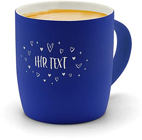 printplanet® - Kaffeebecher mit eigenem Text graviert - SoftTouch Tasse mit Wunschtext - Matt-gummierte Oberfläche - Farbe Blau - Motiv: Herzchen