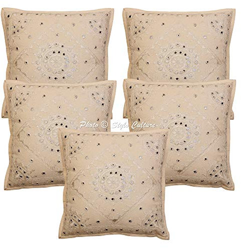 Stylo Culture Ethnico Funda Almohadon Decorativos 40x40 cm Algodón Espejado Fundas para Almohadones Sofa Beige 16x16 Inch Bordado Cuadrado sobre Fundas para Cojines De Cama - 5 Pcs