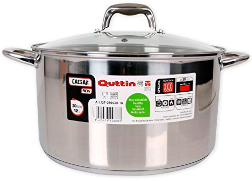 Quttin | Olla Profesional New Caesar de Inducción para Cocina y Horno | Cacerola Grande de Acero Inoxidable Antiadherente con Tapa de Cristal y Asas 30 cm/8 L Apta para Todo Tipo de Cocinas