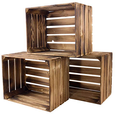 Truhenking 3 cajas de frutas macizas para manzanas y vino, 50 x 40 x 30 cm, caja de frutas quemadas/flambeada con estante intermedio, 50 cm x 40 cm x 30 cm, juego de 3 estanterías de madera