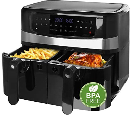 EMERIO digitale 10L DOPPEL Heißluftfritteuse AirFryer Frittieren mit heißer Luft ohne Öl möglich 2x5L Volumen 12 Programme BPA frei SMART FINISH Funktion (beide gleichzeitig fertig) AF-126672.4