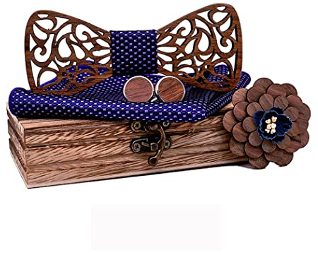 HZQIFEI Noeud Papillon Bois, Ensemble 4 Pièces Noeud Papillon en Bois + Boutons de manchette + Broche + Carré de Poche, Accessoire Mode