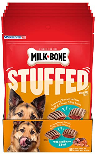 Milk-Bone Stuffed Dog Treats with Real Bacon & Beef, 10 Ounce (Pack of 5), Crunchy Biscuit with Soft & Chewy Filling
