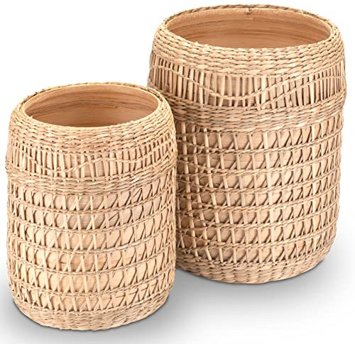 Decorasian Bodenvase für Pampasgras - Deko Vase Gräser - dekorativer Behälter im Boho Stil - holzoptik mit Makramee Geflecht - M + L