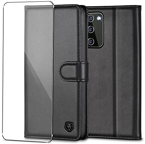 Handyhülle für Samsung Galaxy S20 FE Hülle mit Panzerglas Schutzfolie Premium PU Leder Klapphülle Case Brieftasche Kartenfach Ständer Magnet Handytasche Cover Schutzhülle für Samsung S20 FE - Schwarz