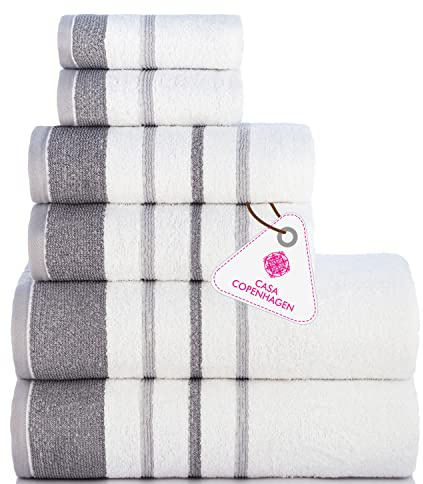 Casa Copenhagen White Bay-Handtuch aus 600 g/m² ägyptischer Baumwolle für Hotel, Spa, Küche und Bad, 6-teiliges Set mit 2 Bädern, 2 Händen, 2 Waschlappen – Weiß mit dunkelgrau-hell