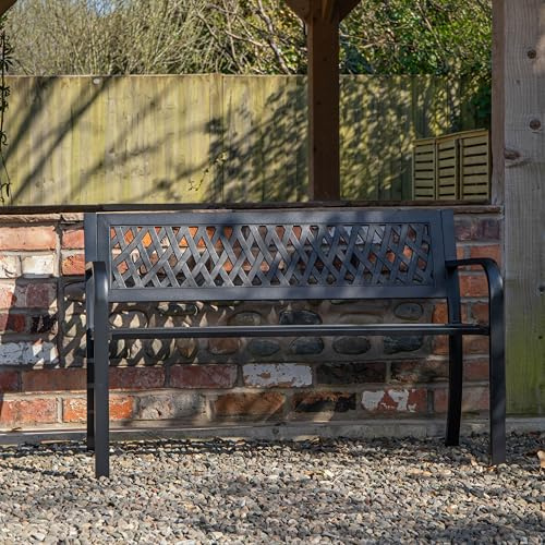 Keswick Metal Garden Bench 2 Seater – Outdoor Bench for Patio, Garden, Balcony or Porch with Lattice Backrest – Comfortable Small Garden Seat for 2 Adults