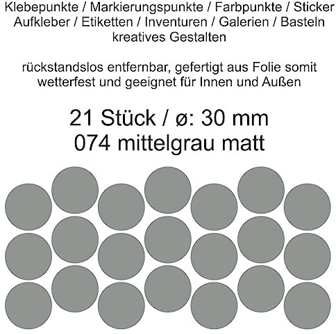 Aufkleber Etiketten Klebepunkte aus Folie 21 Stück grau mittelgrau matt rund 30 mm selbstklebend farbig wetterfest Decal Markierungen Organisieren DIY basteln verzieren Modellbau Scrapbooking