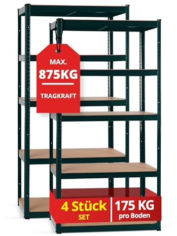 Stagecaptain Heavyrack HR-175 GR Sistema di 4 Scaffali Metallo - Scaffalatura per magazzino - Scaffale per carichi pesanti - 875kg di capacità di Carico - 5 ripiani in legno regolabili - Verde scuro