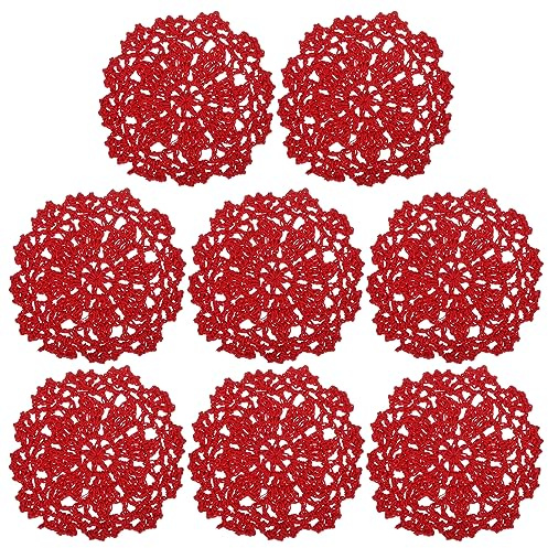 sourcing map Stoff-Untersetzer, 8 Stück, 10,2 cm – gewebte Häkeldeckchen aus Baumwolle, Spitzenstickerei, Tassenmatte mit Blumenmuster für Hochzeits-Party-Dekoration (rot)