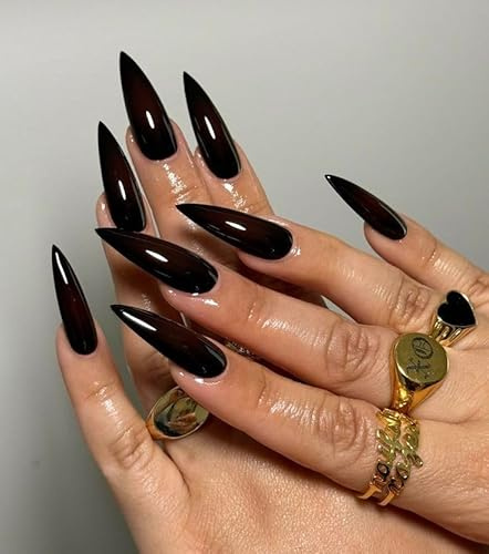 MouyouGlow Press on Nails Long,Stiletto Halloween Einfarbige Schwarz Gothic Fake Nails mit Nagelkleber,Vampire Black Solid Künstliche Fingernägel
