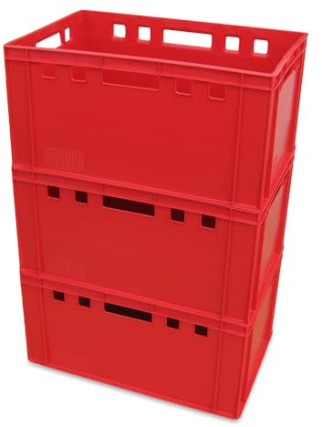 kanister-vertrieb® 3er Set E3-Kiste Eurobox Metzgerkiste Lagerbox 60x40x30 cm stabil für Lebensmittel geeignet (rot) + Etikett