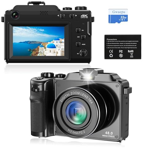 Appareil photo numérique compact 4K pour la photographie : appareil photo numérique 48 MP avec zoom numérique 16x, autofocus caméras avec carte TF 32 Go, appareil photo point et prise de vue pour
