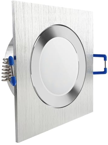 LED Einbaustrahler Feuchtraum IP44 Aluminium geschliffen | quadratisch Echtglas | Lochmaß Ø 60mm - 85mm | Einbautiefe 55mm | Anschlussfertig mit MR16 12V Fassung Farbe 5W LED warmweiß MR16 12V