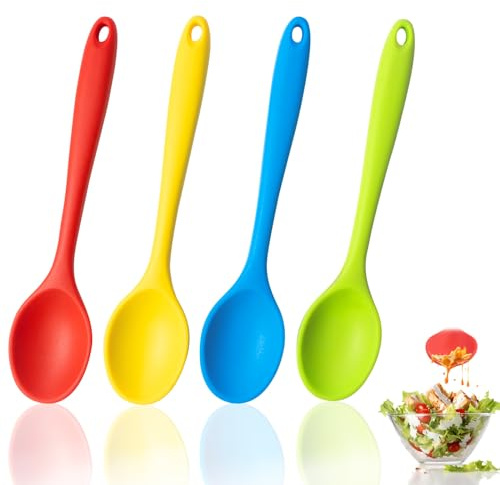 Wozoohyi Silicone Spoon 4PCS Mixing Spoons, Small Silicone Spoon for Mixing, Baking, Stirring Scraping,8 Inch Silicone Cooking Spoons Heat Resistant (A-Red Green Yellow Blue 4Pcs)