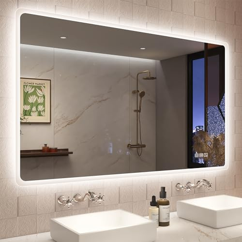 STARLEAD Badrumsspegel med LED-belysning, 120 x 70 cm, stor LED-spegel med 3 ljusfärger, 3 ljusa färger, anti-imma, minne, IP44, härdat glas, horisontell/vertikal