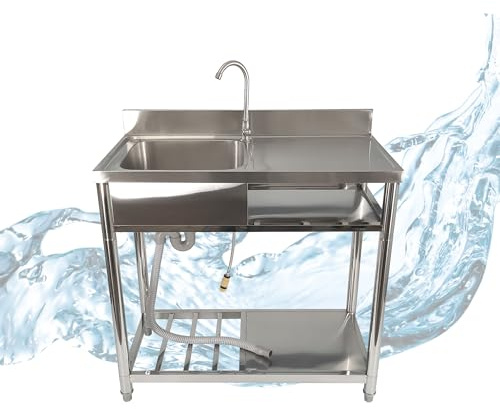 Lemodo freistehender Spültisch aus Edelstahl mit Wasserhahn und Gartenschlauch-Anschluss, großem Becken und Ablagefläche – mobiles Waschbecken für Garten, Outdoorküche, Camping, Gastro und Werkstatt