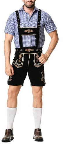 Trachten Lederhose Herren Khaki & Schwarz Trachtenlederhose Trachtenhose Kurz mit Hosenträger Blau & Rot & Schwarz Kariertes Hemden Bayerische Traditionelle Lederhosen Jogginghose Oktoberfest Outfit