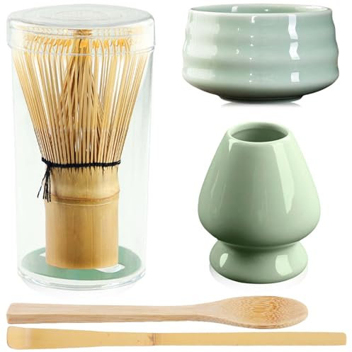 GAOUTO Lot de 5 Ensemble à Thé Matcha, Ensemble Balai Matcha avec Fouet Matcha, Bol à Matcha en Céramique, 2 Cuillères à Café, Accessoires Japonais pour la Cérémonie Matcha, Accessoires de matcha