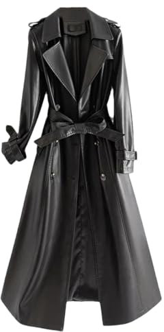 Damen Langer Schaffell Trenchcoat Zweireihiger Gürtel Echt Leder Oberbekleidung, Schwarz , L