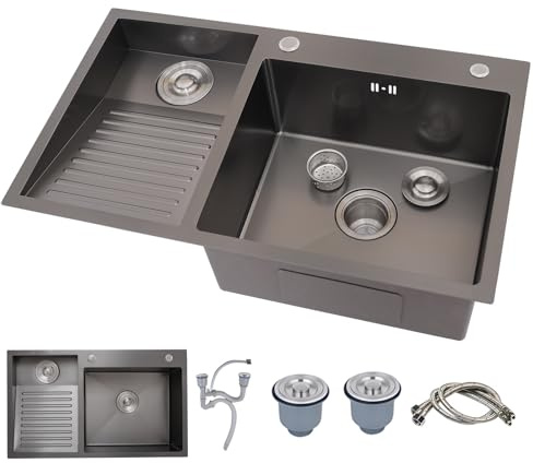 Black Stainless Steel Laundry Utility Sink With Washboard, Deep Sinks For Utility Room, Wash Basin For Kitchen, Bathroom, Balcony, Double-Bowl, Easy-to-Clean Double-Bowl Design Basement Sink(80x48cm)