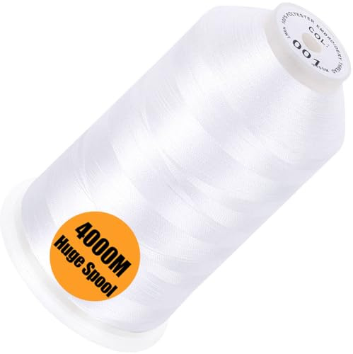 New brothread - Bobine Géante Unique 4000M/Chacune 100% Polyester Fil Machine à Broder 40WT pour Machines Commerciales et Domestiques - White