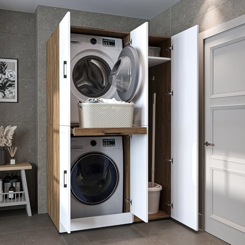 Roomart - Armadietto per lavatrice e asciugatrice Dora in 4 colori, con ante e pannello scorrevole, in rovere bianco, rovere antracite, altezza 230 cm