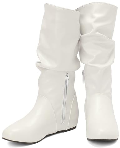 Pixoecuty US 5-13.5 Women Slouch Mid Calf Flat Boots Wedge Low Heel Renaissance Comfort Casual Boots Pull On White US 8