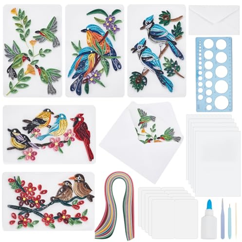 WEBEEDY - Juego de Quilling en papel para adultos principiantes, bricolaje con 2 estilos de pájaros, quilling Card Kit de tarjetas de felicitación para Halloween y Navidad, fiestas