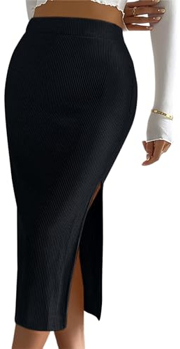 Basicspace Donne A Vita Alta Elastico A Costine Midi Abito Monopezzo Orlo Diviso Midi Casual Gonna A Matita Lunga, Nero , L