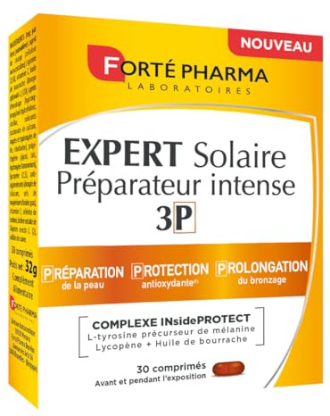 Forté Pharma - Expert Solaire Préparateur Intense 3P - 3-en-1 Prépare, Protège et Prolonge - Antioxydant - Sélénium, L-Tyrosine, Caroténoïdes, Cuivre, Vitamines C et E - 30 Comprimés, 1/jour