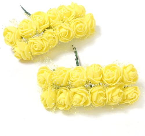 Anevous 12 Stück Künstliche Schaumrosen mit Stiel, 2cm Kunstrosen Blumenköpfe, Deko Blumen Schaum Rosenstrauß, Kunstblumen Rosen Basteln für Basteln Party Hochzeit Brautstrauß,Gelb