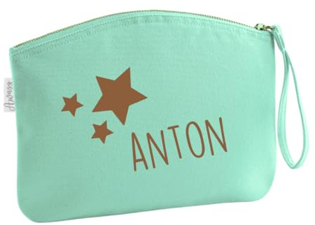 minimutz Schminktasche für Mädchen Kinder, personalisierte Kosmetiktasche mit Namensdruck & Sterne, M (19 x 17 cm) in Mint