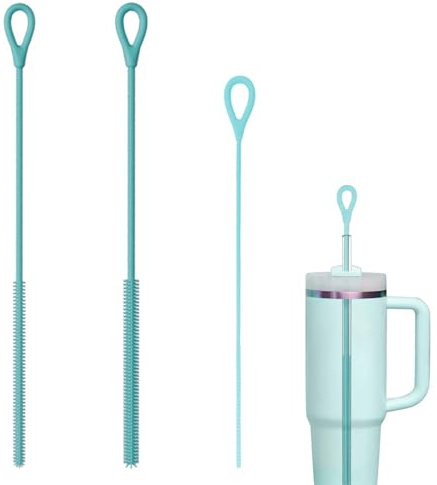 3pcs Silicone Straw Cleaner Brush Set, Extra Long Reusable Bendable Straw Brush for Stanley Cup, Metal Glass Straws, Travel Friendly Pipe Cleaner with Hanging Hook 3mm+6mm+9mm (Blue)