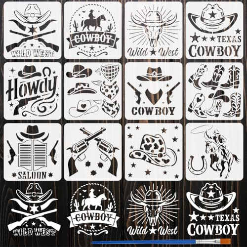 FINGERINSPIRE 12 Stück Cowboy Malschablone Mit Pinsel 15x15cm Cowboyhut Gewehr Stern Seil Bandana Bullenschädel Hufeisen Zeichenvorlage Western Thema Schablone Zum Malen Auf Holz Wänden Und Stoff