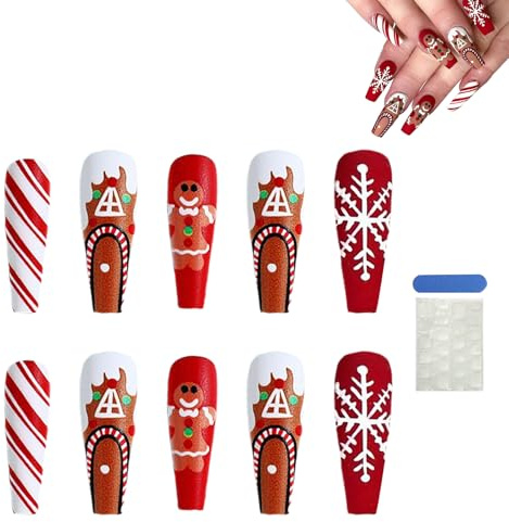 ZHITENG 24 Pièces Noël Faux Ongles, Collants Press on Nails French Tip Longue Brillance, Réutilisable Faux Ongles Noel, Flocon de Neige Presse sur les Capsule Ongle pour Femmes et Filles (A)