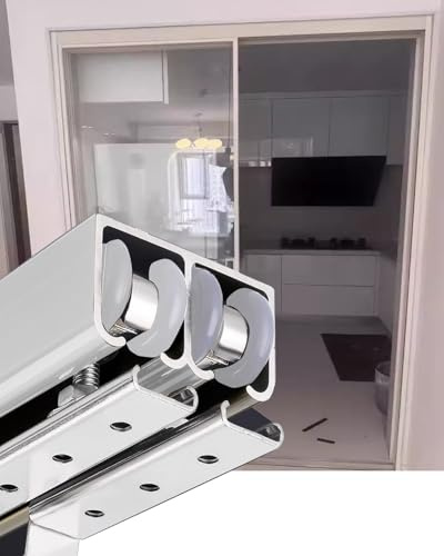 Kit per Porta Scorrevole Argento Kit Binario per Porta Scorrevole Doppia 4 Piedi 4,5 Piedi 5,6 Piedi 6 Piedi 8 Piedi 10 Piedi 13 Piedi, Binario per Porte Pieghevoli per Porta in Legno, bina