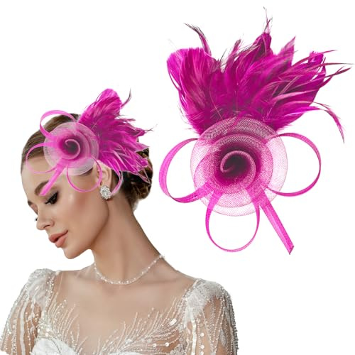 ELNX Fascinator con Fiore in Rete e Piume | Cerchietto con Clip | Accessorio retrò per Matrimonio, Cocktail, Festa del tè (Fucsia)
