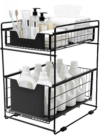 OUBUBY Tiroir télescopique de cuisine à double couche, étagère à épices extensible à 2 étages sous évier de cuisine - 37,4 × 28,2 × 44 cm, noir