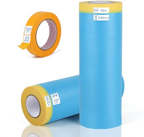 EFUTURETIME 2 Rouleaux de Bache Protection Peinture avec Ruban Masquage | Adhésif 150 cm x 25 m de Film de Masquage et 1 Masking Tape 25 mm x 50 m